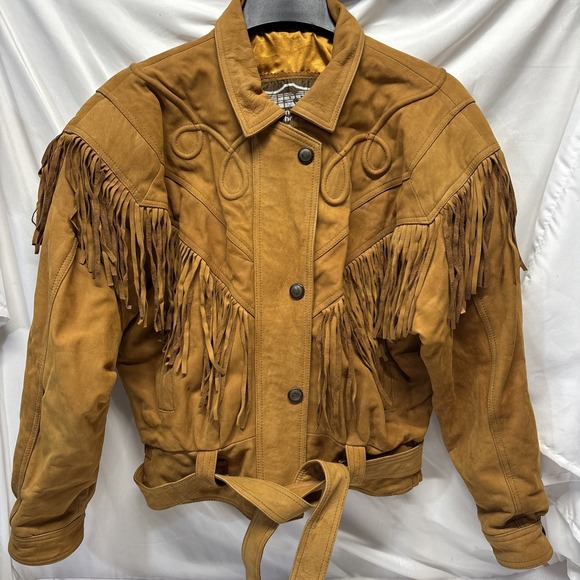 First Genuine Leather Jackets & Blazers - VTG 80s FIRST Western Fringe Cropped Moto Leather Jacket Womens Tan Quilted Med
